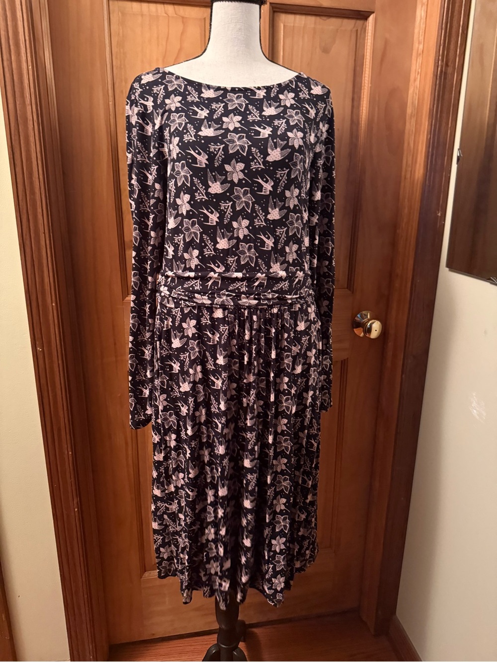 Boden Black Midi Dress with Pink Floral Print